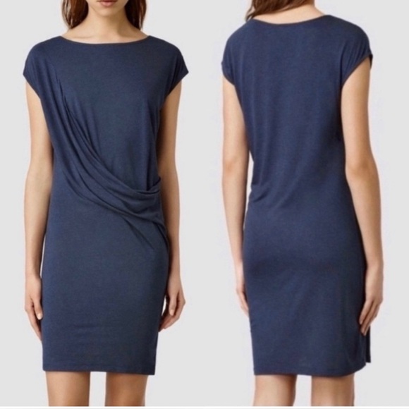 AllSaints Blue Sabie Draped cap sleeve mini dress SZ 2 - Picture 1 of 6